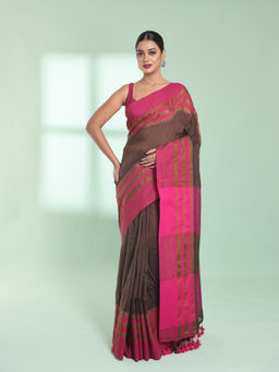 CHARUKRITI - Brown Cotton Saree with Zari Border with Unstitched Blouse