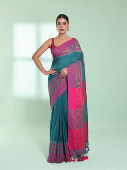 CHARUKRITI - Teal Cotton Saree with Zari Border with Unstitched Blouse