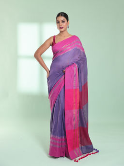 CHARUKRITI - Violet Cotton Saree with Zari Border with Unstitched Blouse
