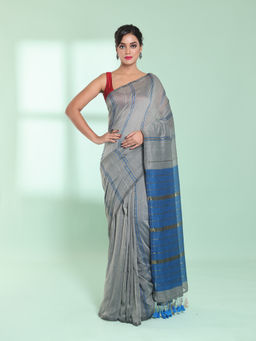 CHARUKRITI - Steel Grey Cotton Saree with Zari Stripes with Unstitched Blouse