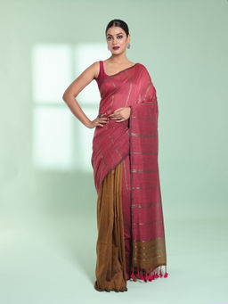 CHARUKRITI - Punch Pink Zari Stripes Cotton Saree with Unstitched Blouse