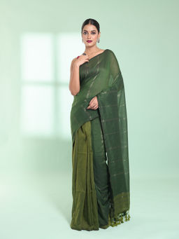 CHARUKRITI - Green Half & Half Cotton Saree with Zari Stripes with Unstitched Blouse