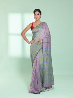 CHARUKRITI - Light Pink Patli Pallu Cotton Zari Stripes Saree with Unstitched Blouse