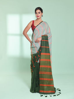 CHARUKRITI - Green Patli Pallu Cotton Saree with Stripes Design with Unstitched Blouse