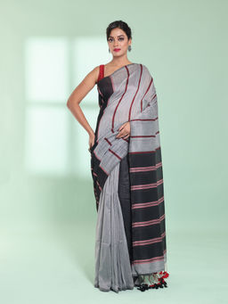 CHARUKRITI - Grey Patli Pallu Cotton Saree with Stripes Design with Unstitched Blouse