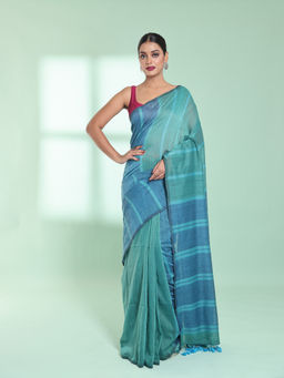 CHARUKRITI - Mint Green Patli Pallu Cotton Zari Stripes Saree with Unstitched Blouse