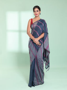CHARUKRITI - Dark Grey Patli Pallu Cotton Zari Stripes Saree with Unstitched Blouse