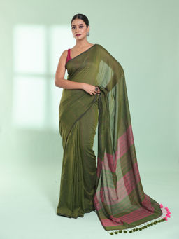 CHARUKRITI - Green Cotton Saree with Sequin Work with Unstitched Blouse
