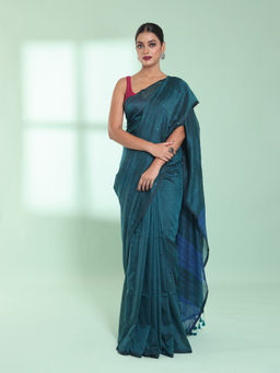 CHARUKRITI - Teal Cotton Saree with Sequin Work with Unstitched Blouse