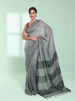 CHARUKRITI - Steel Grey Cotton Saree with Sequin Work with Unstitched Blouse