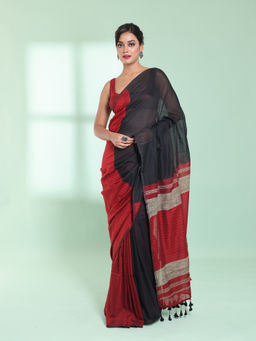 CHARUKRITI - Black Patli Pallu Cotton Saree with Texture Design with Unstitched Blouse