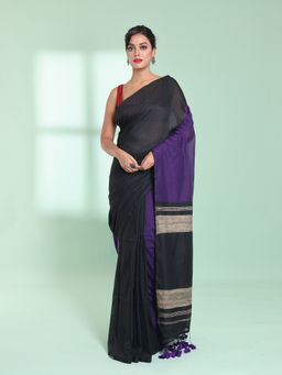 CHARUKRITI - Black Patli Pallu Cotton Saree with Texture Design with Unstitched Blouse