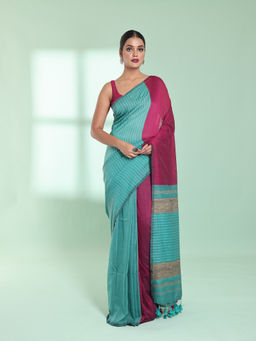 CHARUKRITI - Sky Blue Patli Pallu Cotton Texture Design Saree with Unstitched Blouse