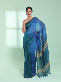 CHARUKRITI - Teal Blue Patli Pallu Cotton Texture Design Saree with Unstitched Blouse