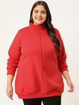 theRebelinme - Women Red Solid Color Turtle Neck Sweatshirt with Pleated Detail