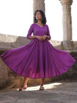 Okhai - Magical Amethyst Hand Embroidered Pure Cotton Mul Flared Dress (Set of 2)