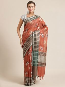 Banarasi Silk Works - Kota Check Woven Saree Rust with Unstitched Blouse