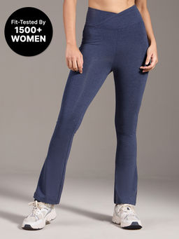 Kica - Criss Cross Cotton Flare Pants Navy Blue With Slit at Ankle and Back Pocket
