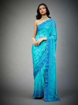 RI.Ritu Kumar - Turquoise & Royal Blue Phulkari Saree with Unstitched Blouse