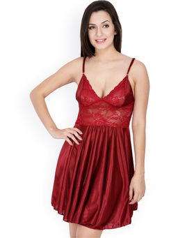 Secret Wish - Women's Satin Babydoll - Maroon (Free Size)
