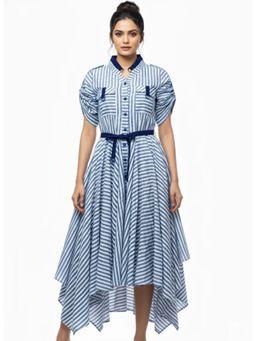 Diiwataa - Blue Stripe Linen Handkerchief Dress with Belt