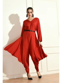 Diiwataa - Red Side Cowl Jumpsuit with Belt
