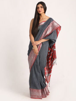 Angoshobha - Deep Grey Handloom Cotton Tangail Saree with Unstitched Blouse