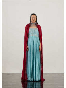 AKHL - Blue Fringe Organza Dress with Cape (Set of 2)