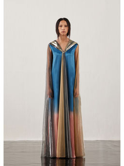 AKHL - Blue Fall Panelled Gradient Dress with Attached Cape