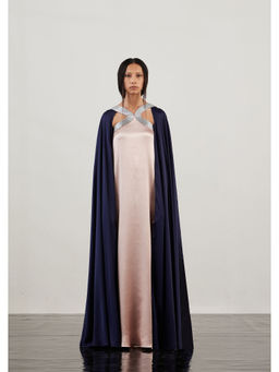 AKHL - Pink Textured Satin & Lurex Tulle Dress with Attached Cape