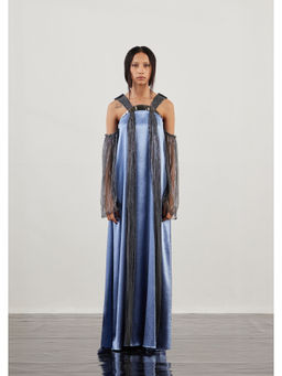 AKHL - Blue Pleated Lurex Tulle Strap Dress with Attached Sleeve