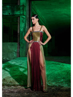 AKHL - Wine Gathered Chiffon Slit Dress
