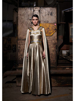 AKHL - Textured Satin Cape Sleeve Gold Dress