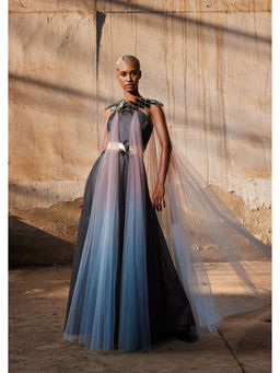 AKHL - Charcoal Fall & Panelled Tulle Dress with Cape (Set of 2)