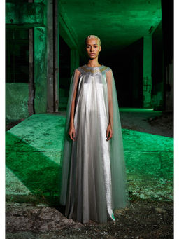 AKHL - Silver Wave Metallic Yoke Tulle Dress with Attached Cape