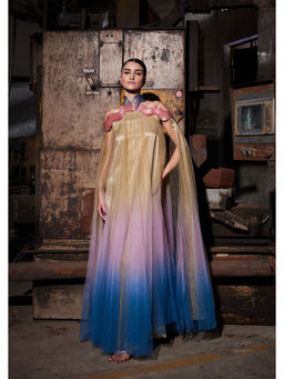 AKHL - Gold Gradient Glass Cape Sleeve Dress