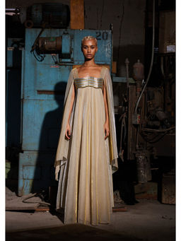 AKHL - Gold Metallic Wave Cape Sleeve Dress