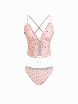 Cider - V-Neck Gingham Bowknot Lettuce Trim Tankini Bikini Set
