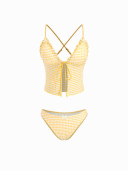 Cider - V-Neck Gingham Bowknot Lettuce Trim Tankini Bikini Set