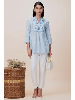 Barara Ethnic - Blue Embroidered Frost Mandarin Collared Tunic