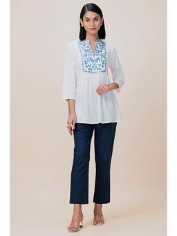 Barara Ethnic - White Embroidered Frost Mandarin Collared Tunic