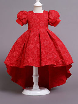 Hopscotch - Girls Red Puff Sleeve High Low Party Dress