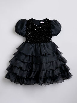 Hopscotch - Girls Black Puff Sleeve Sequin Embellished Party Dress
