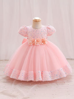 Hopscotch - Girls Peach Floral Applique Party Dress