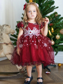 Hopscotch - Girls Burgundy Snow-Flake Embellished Flared Party Dress