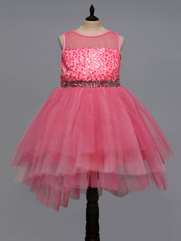 Hopscotch - Girls Pink Sequin Embellished Sleeveless Fit and Flare Tiered Party Dress