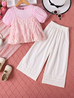 Hopscotch - Girls Pink and White Solid Blouse and Pant Set