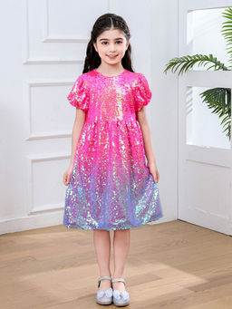 Hopscotch - Girls Pink and Blue Sequin Embellished Fit and Flare Party Dress