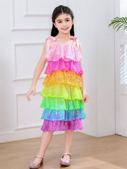 Hopscotch - Girls Sequin Embellished Sleeveless Fit and Fit Tiered Party Dress