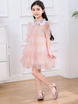 Hopscotch - Girls Pink Ruffled Embellished Party Dress with Necklace